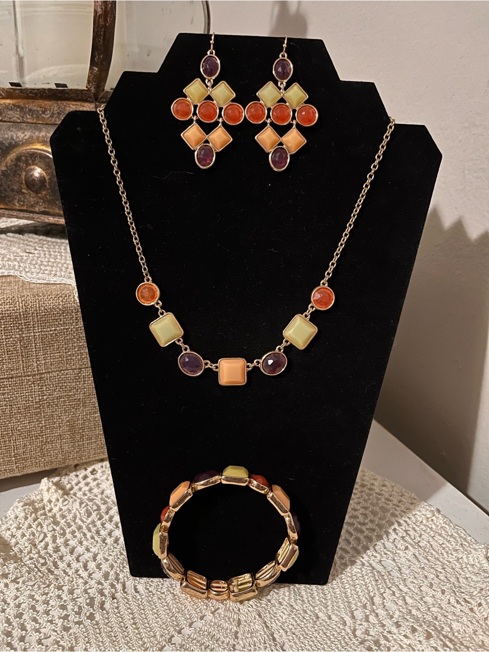 Multicolor Geometric Stone Necklace, Earrings & Bracelet Set - Women Jewelry